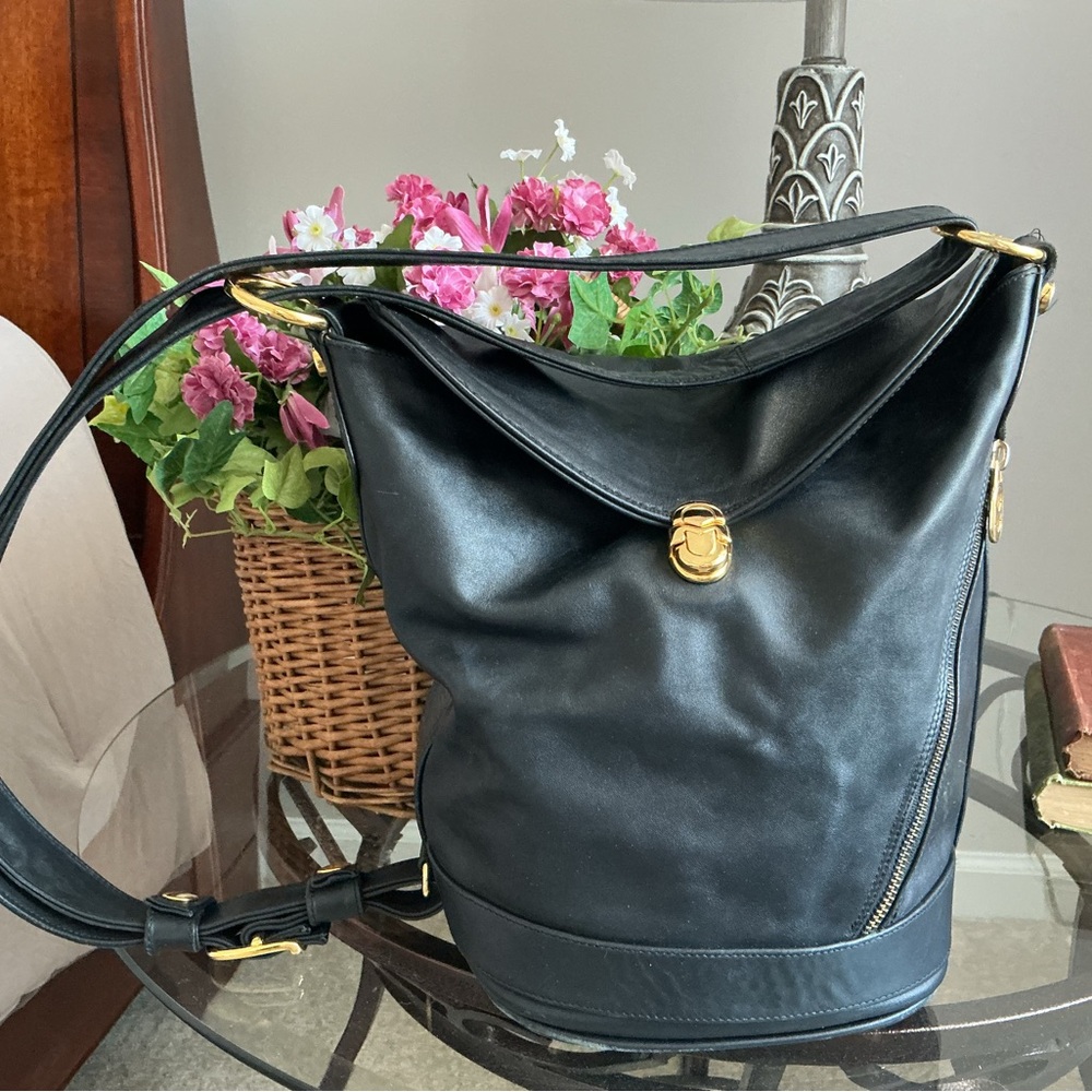 Marino Orlandi Black Leather Shoulder Hobo with Gold Hardware